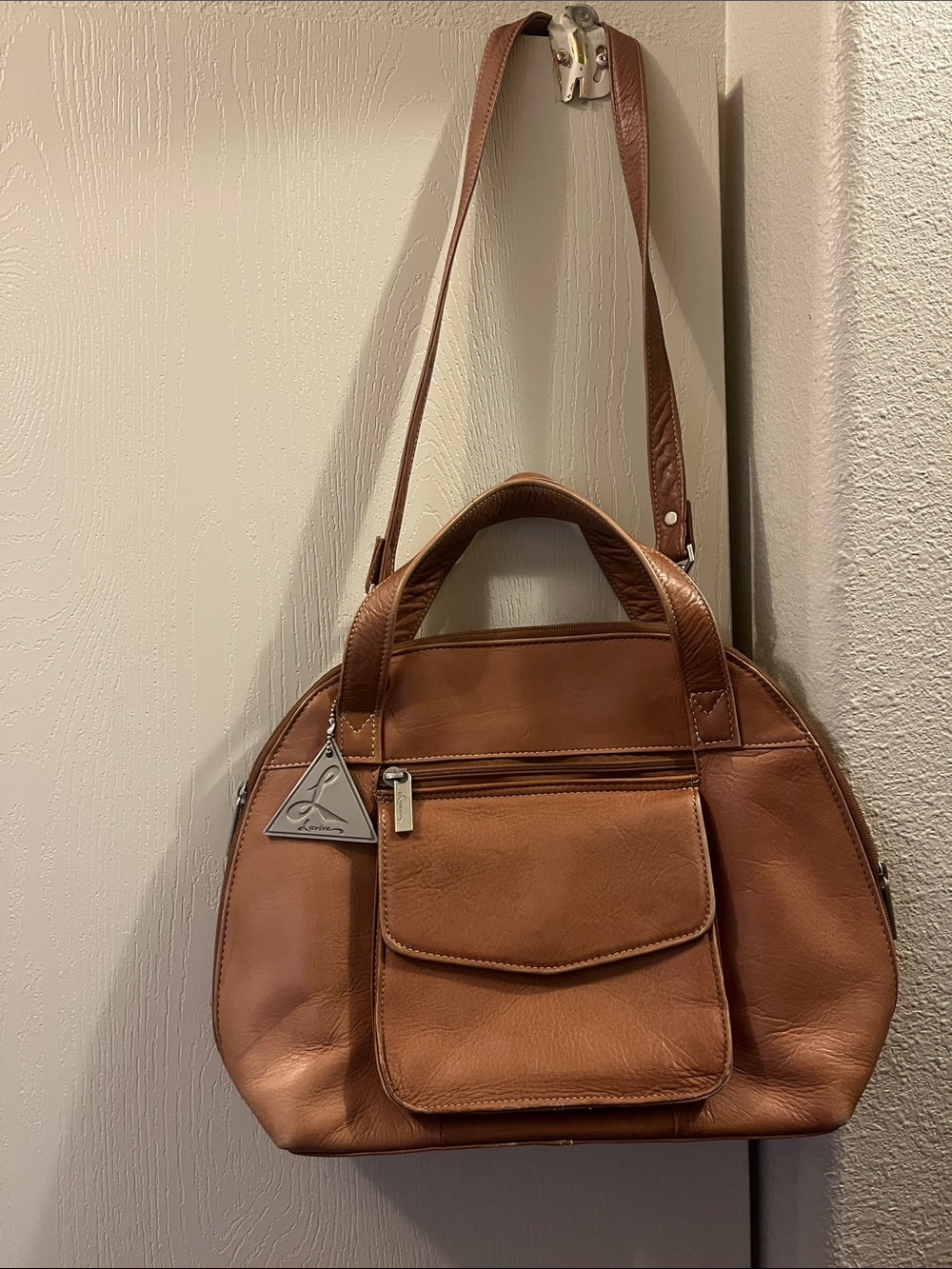 Tan Leather Shoulder Bag with L Logo Charm
